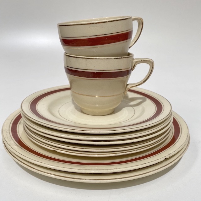 DINNERWARE, Vintage Part Set - Cream Red Gold Regency Stripe